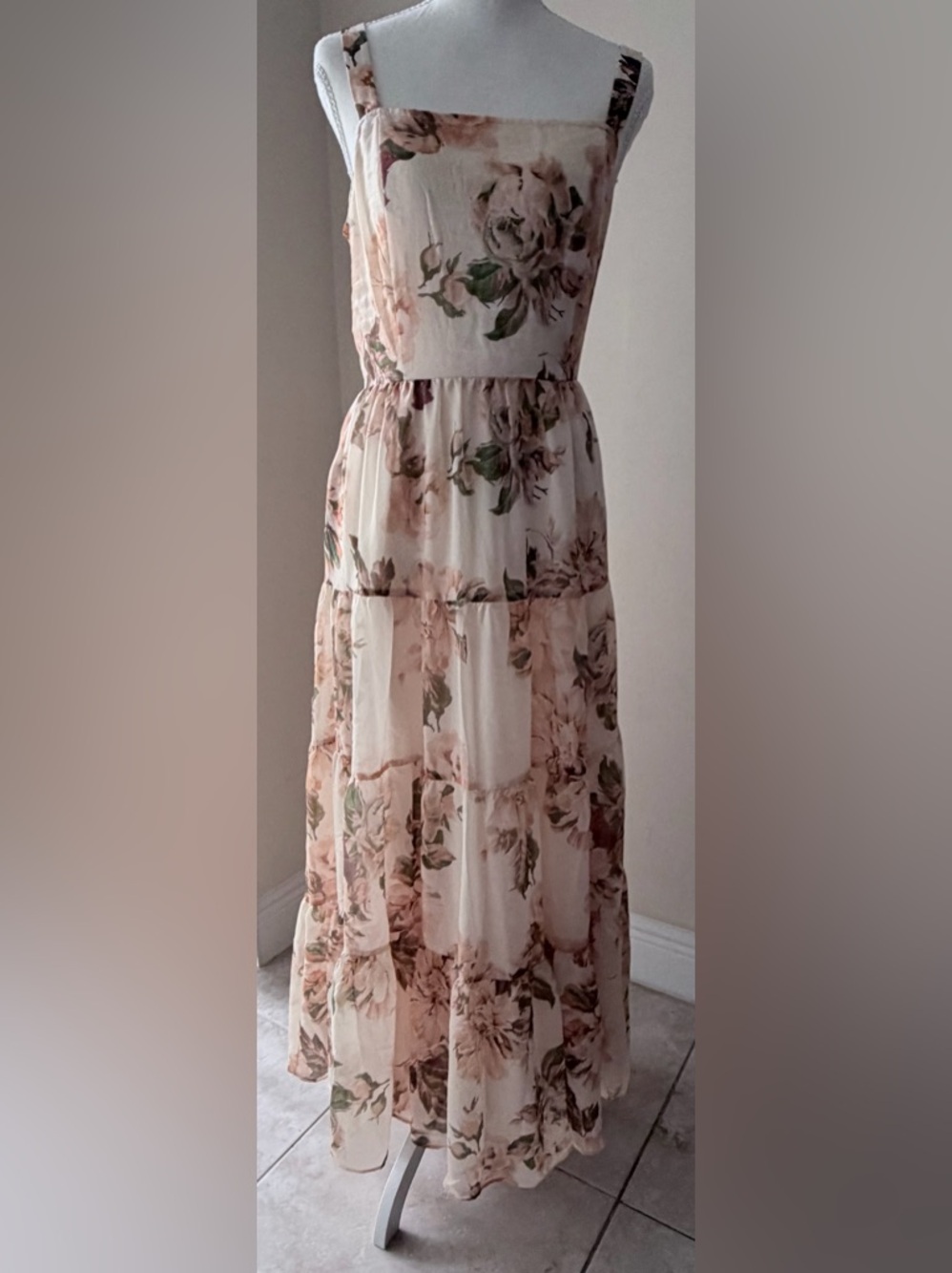 MELLODAY Cream Floral Tiered Maxi Skirt with Pink & Green Accents
